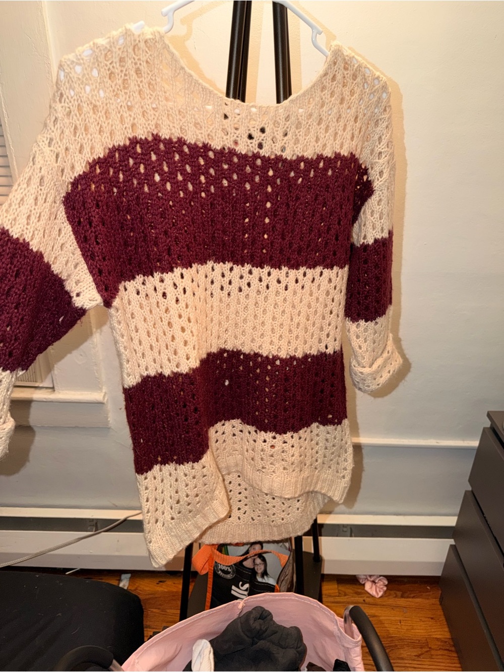 Open-Knit Striped Sweater in Cream and Burgundy